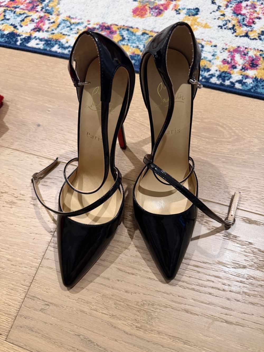 Christian Louboutin Black Patent Leather Strappy Pointed-Toe Heels